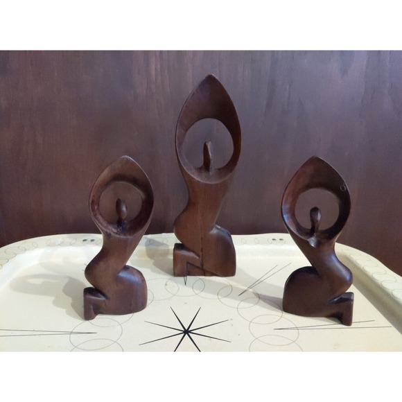 Hand Carved African Sculpture Lot of 3 Wood Abstract Family Figurines 6 & 8 inch - Picture 2 of 10